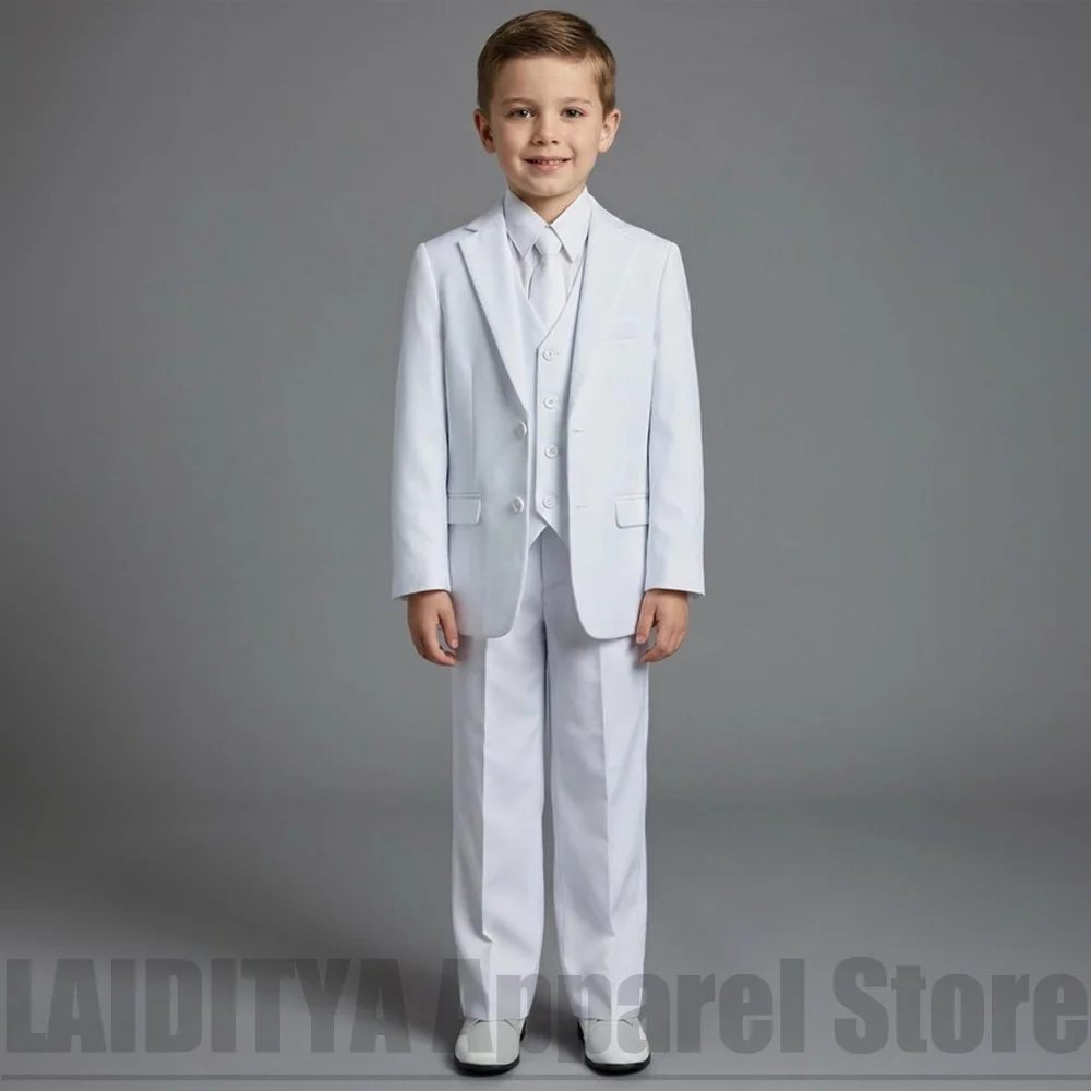 White Boys Single Breasted Three Piece Suit Chic Notch Lapel Daily Casual Outfit Kids Wedding Page Boy Party Formal Tuxedo