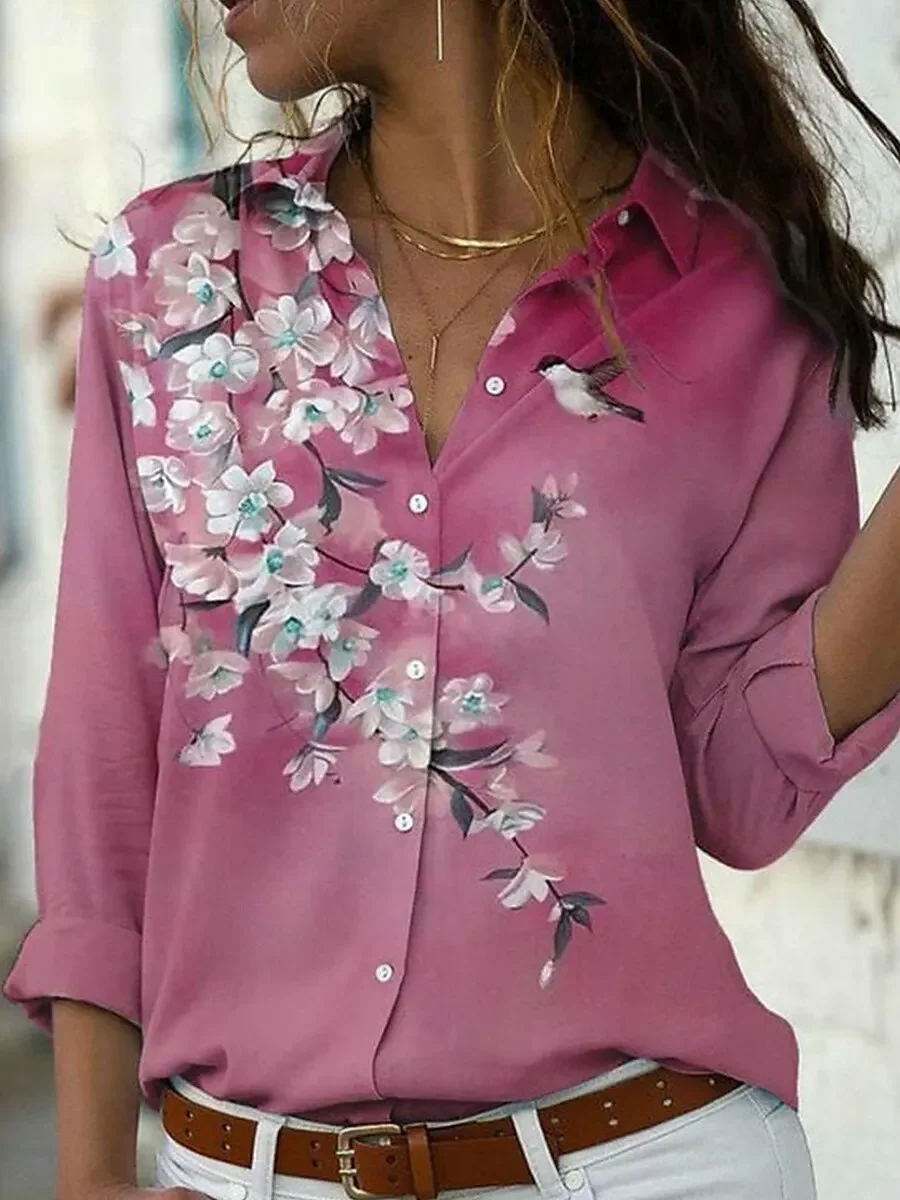 

Women's Shirts Ombre Floral Graphic Stylish Casual Long Sleeved Shirts Collar Regular Tops Daily Buttons Women's Clothing