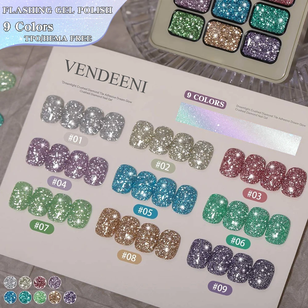 Vendeeni TPO HEMA FREE 9 Grid High Density Glitter Broken Diamond Gel Nail Polish Semi Permanent Flash UV Soak Off Gel Varnish