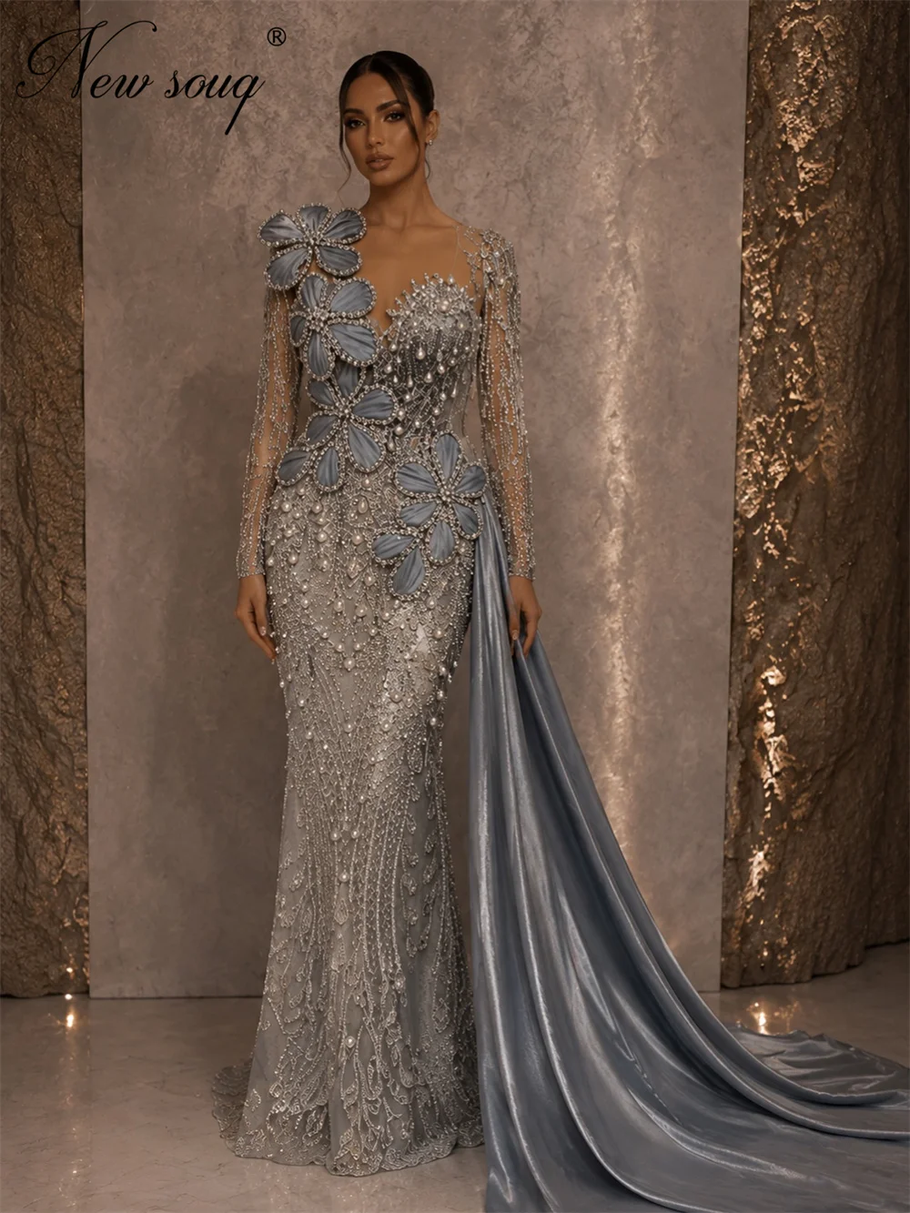 

Light Blue Mermaid Evening Dresses With Long Slit Cocktail Beaded Wedding Party Gowns Customized Vestidos De Cóctel Prom Dress