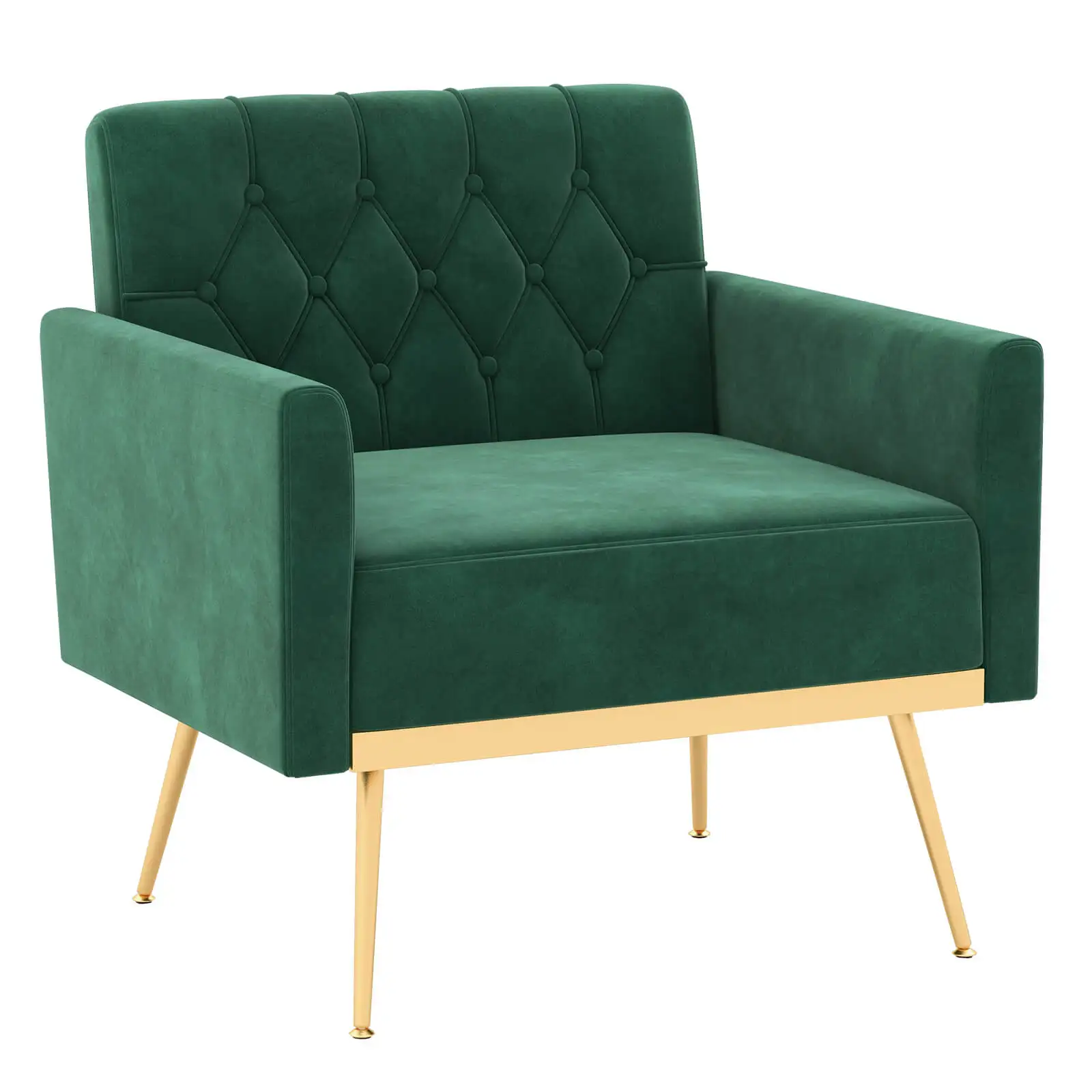 Modern Velvet Accent Chair with Button Tufted Back Golden Metal Legs & Foot Pads