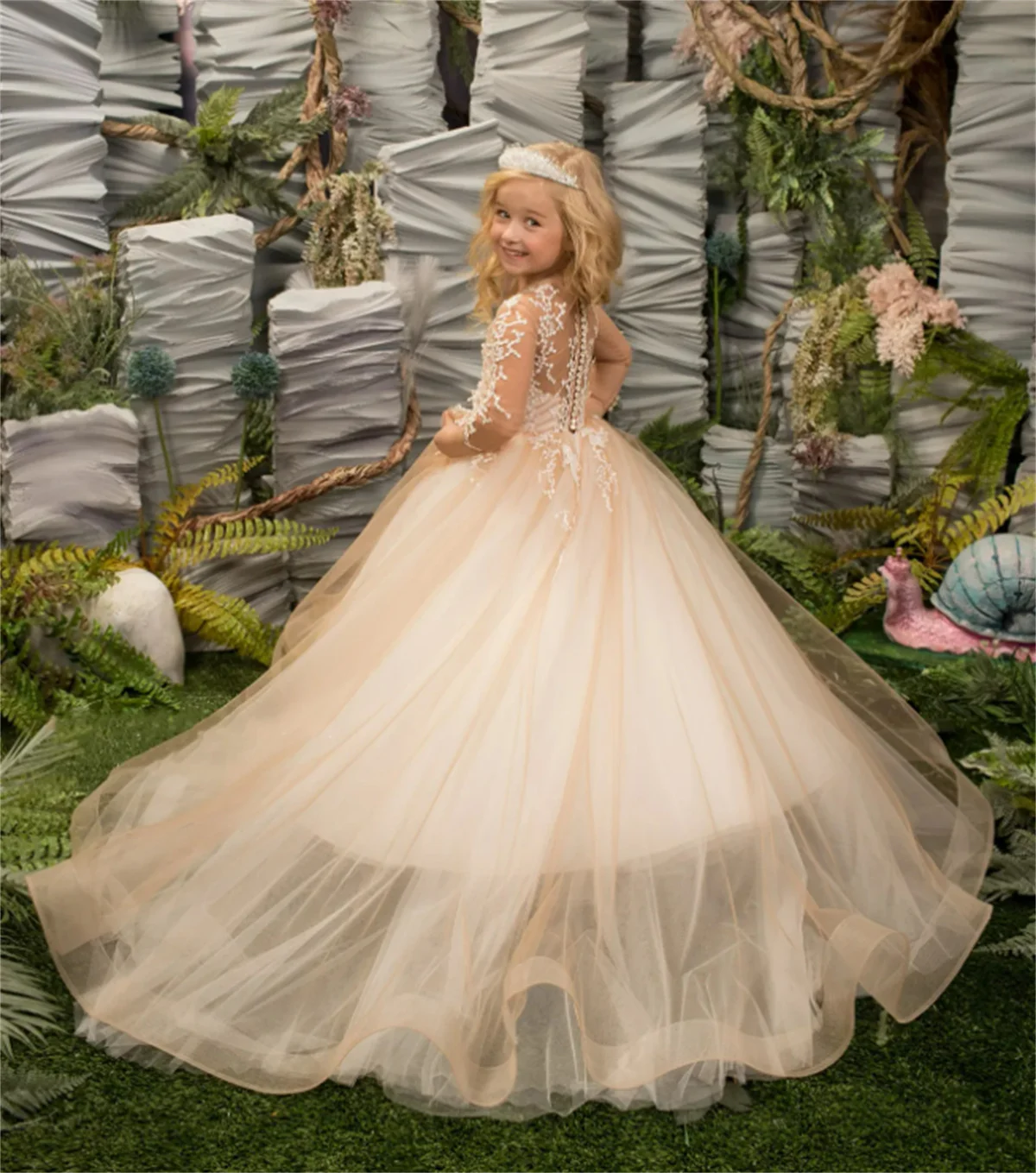 Vestido de flores champán para niña, Apliques de encaje de tul esponjoso, vestido elegante de flores para boda, Primera Comunión para niño, fiesta de cumpleaños