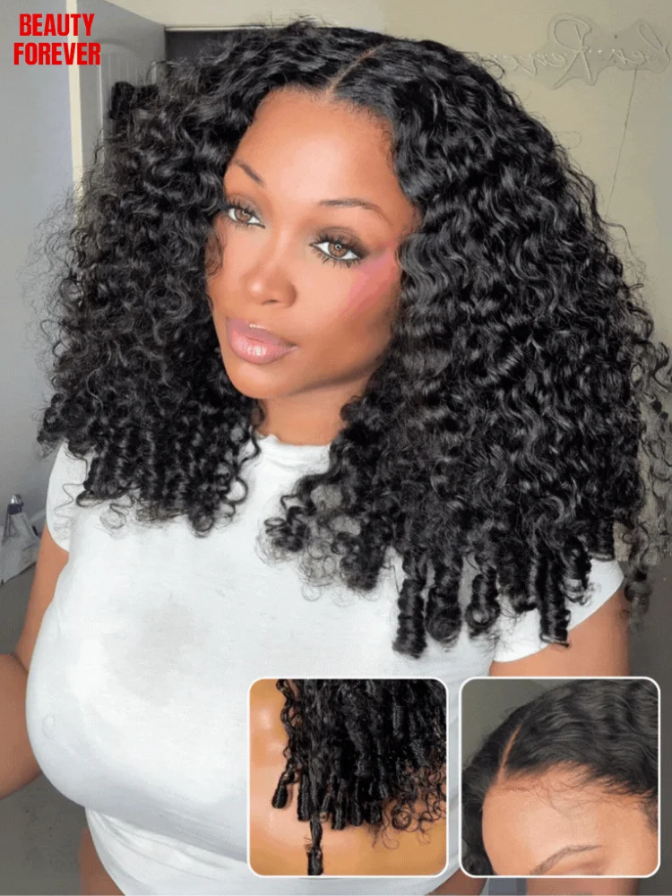 7X5 Bye Bye noeuds doigt bobines bouclés sans colle perruque de cheveux humains sans colle Transparent HD dentelle avant brésilienne perruque de cheveux humains