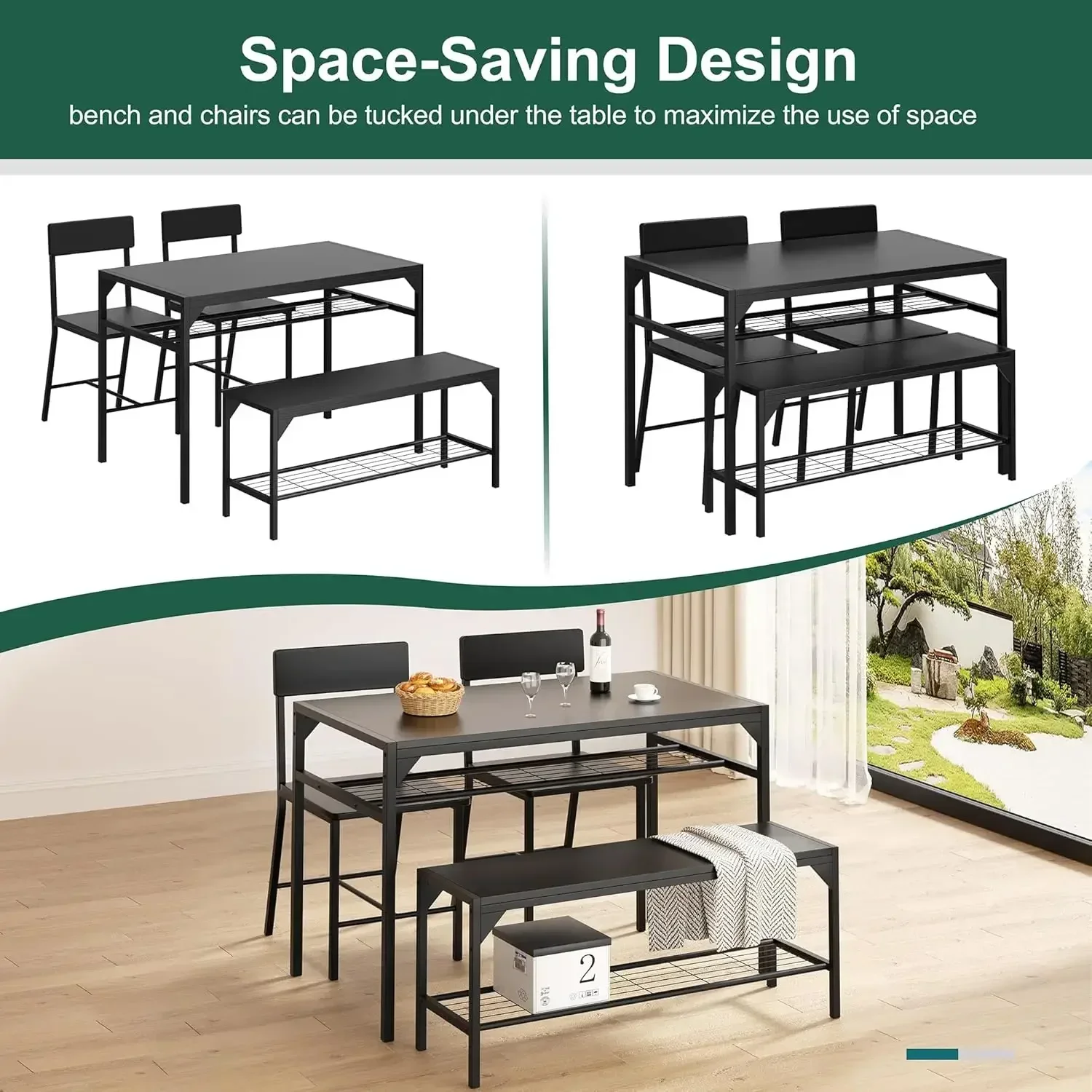 Kitchen Table Chairs Set of 4, Dining Table Set for 4 with Bench and Chairs, 4 Pieces Kitchen Table Set with Storage Rack & Meta