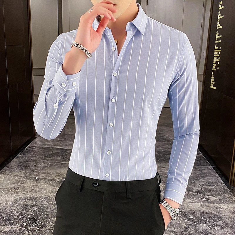 Korean Fashion Men\'s Shirts Button Down Slim Fit Long Sleeve Striped Shirt