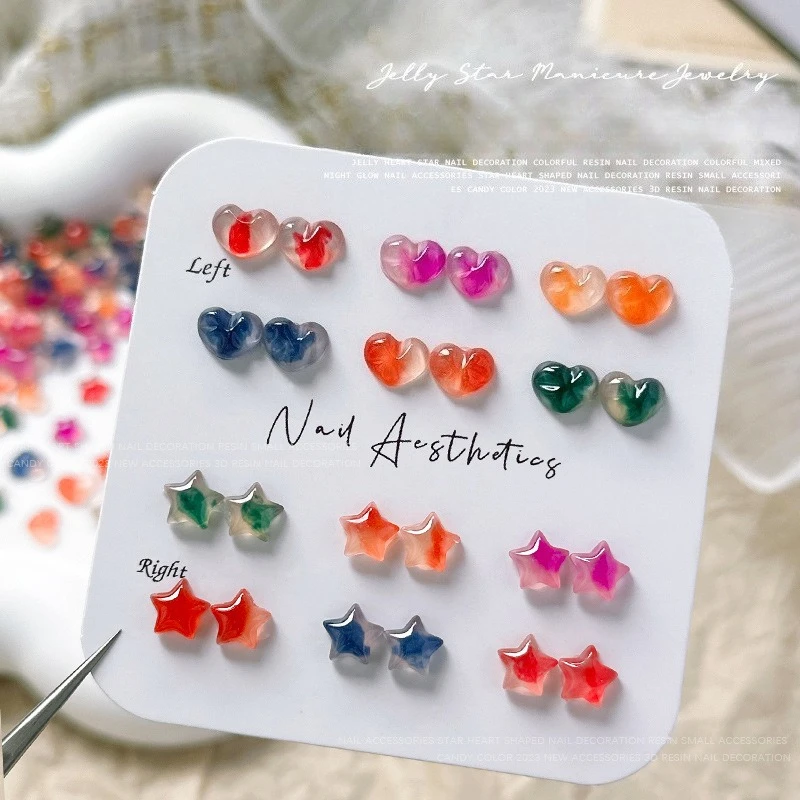 50pcs Candy Blush Heart Luminous Star Resin Beads Gradient Lovely Jelly Ornaments for Sweet Nail Art Decorative Accessories