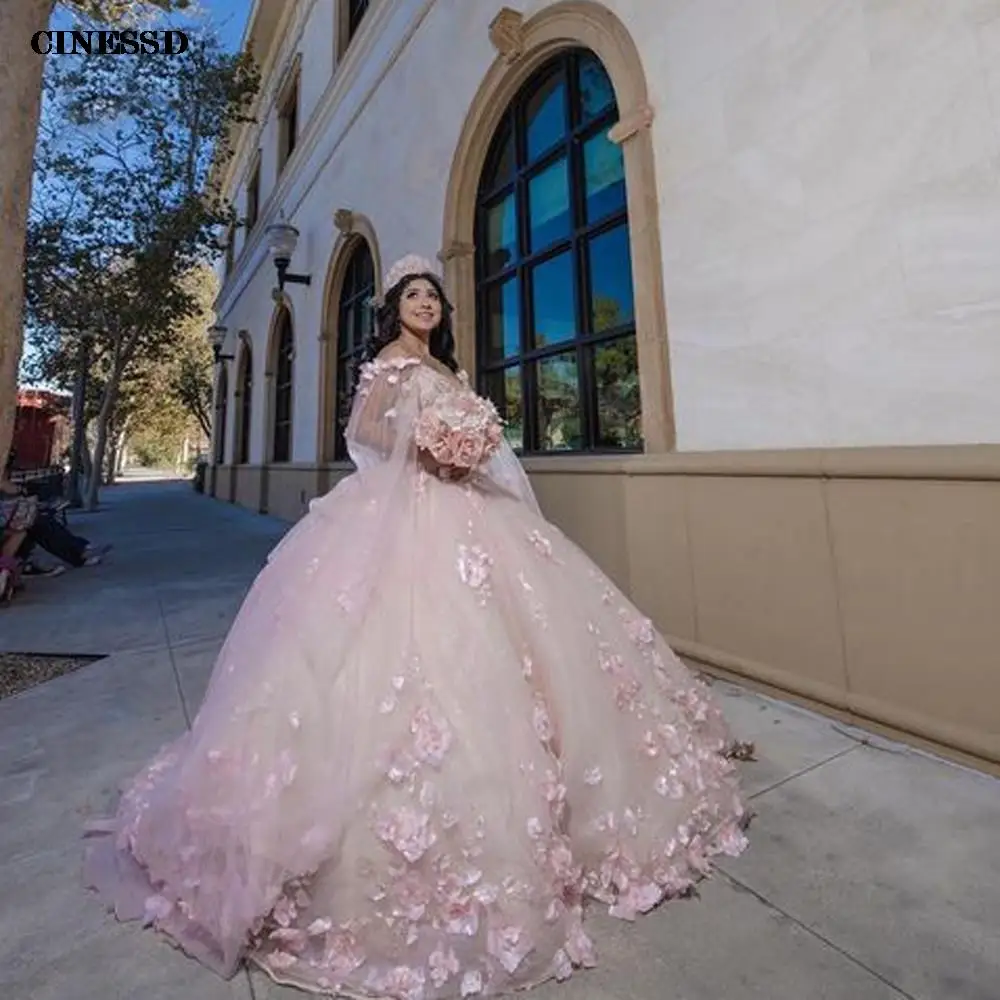 Vestido quinceanera floral rosa, flores 3D, xale, renda, espartilho querido, estilo de manga original, vestidos de baile