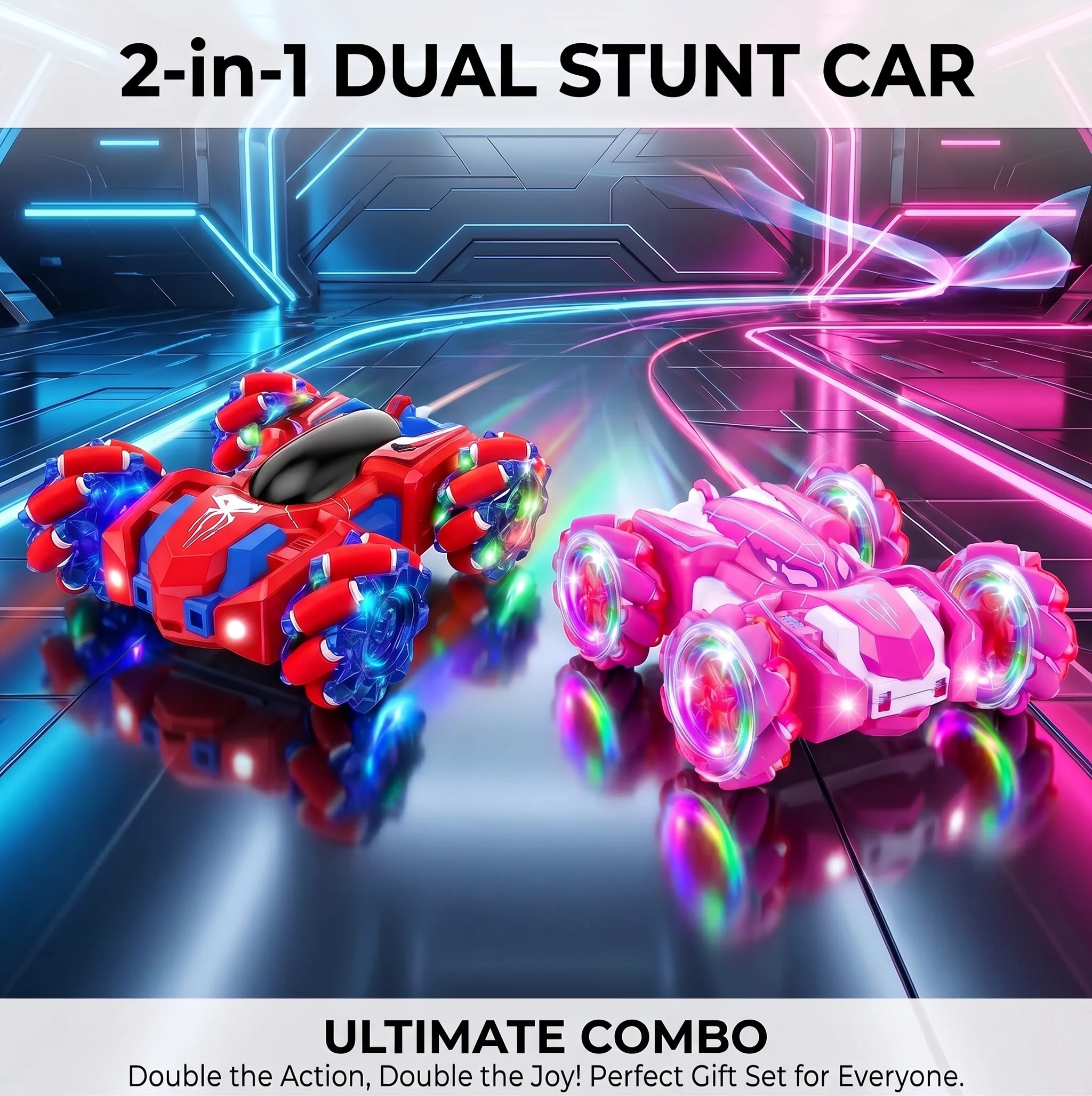 2 In 1 RC Stunt Car Combo Set, Red & Pink Spider Double Sided Remote Control Cars with Colorful LED Omni Wheels, 2.4GHz Rechargeable Off Road Stunt Vehicle Pack, Birthday Christmas Gift Toy for Boys Girls Kids Age 6+
