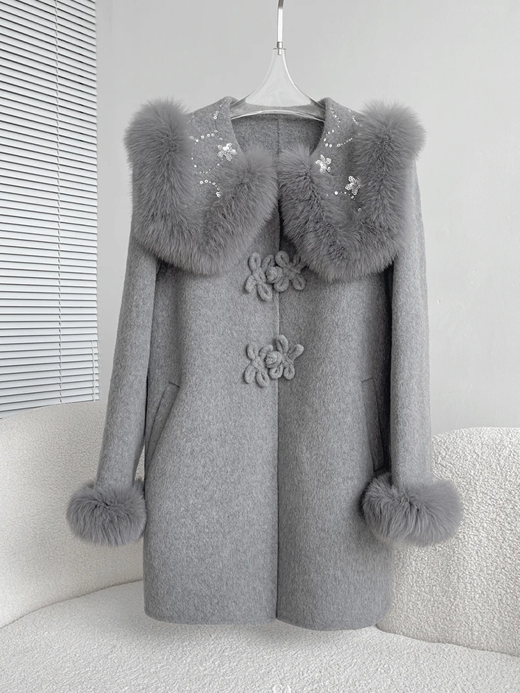 New Winter Women Cashmere Wool Woolen Coat Real Fox Fur Cuff Coat Jacket Natural Fox Fur Collar Ladies Outerwear Streetwear