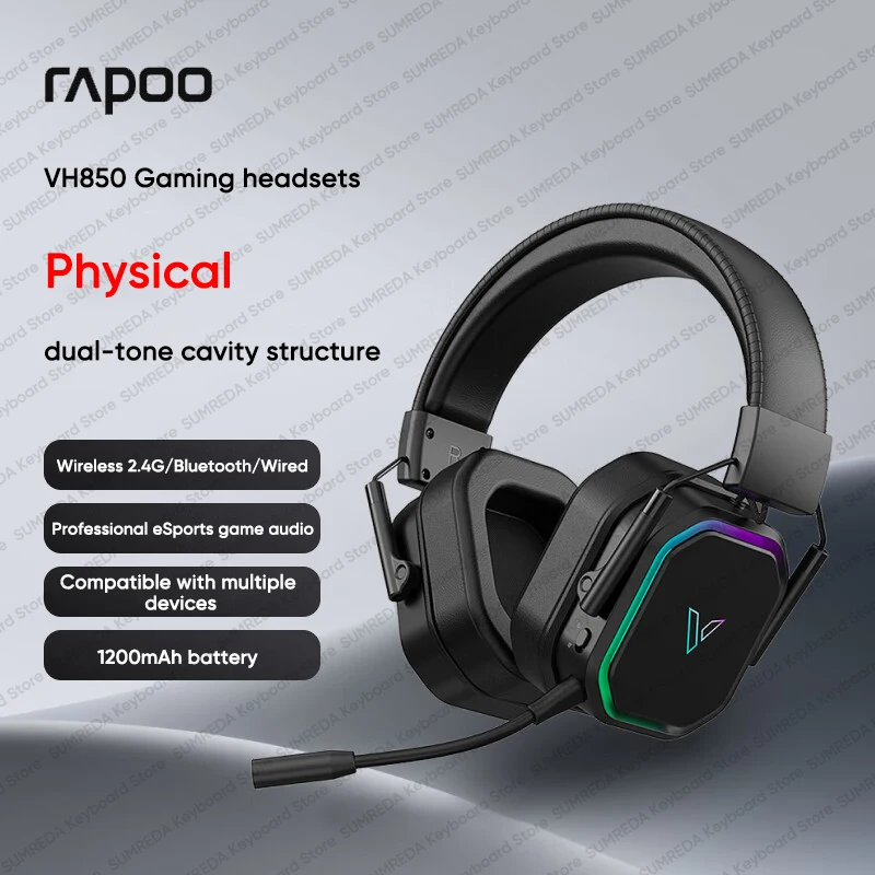 Rapoo VH850 E-sport Wireless Game Headset RGB Multi-platform Adaptation With Mic Tri-mode connection Dual-tone Cavity Structure