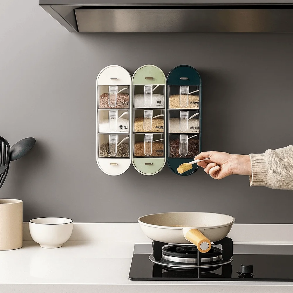 

Plastic 5 Grid Seasoning Box Sealed Transparent Wall-Mounted Seasoning Box Moisture-proof with Spoons Spice Container for Home