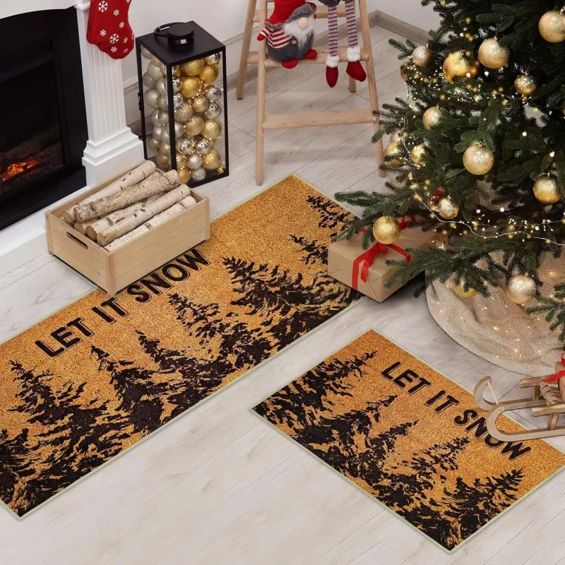 VIKAMA 1/2pcs Wine Red Snowflake Light Let it Snow Kitchen Rug Dirt Resistant Non Slip Living Room Fireplace Cozy Home Decor