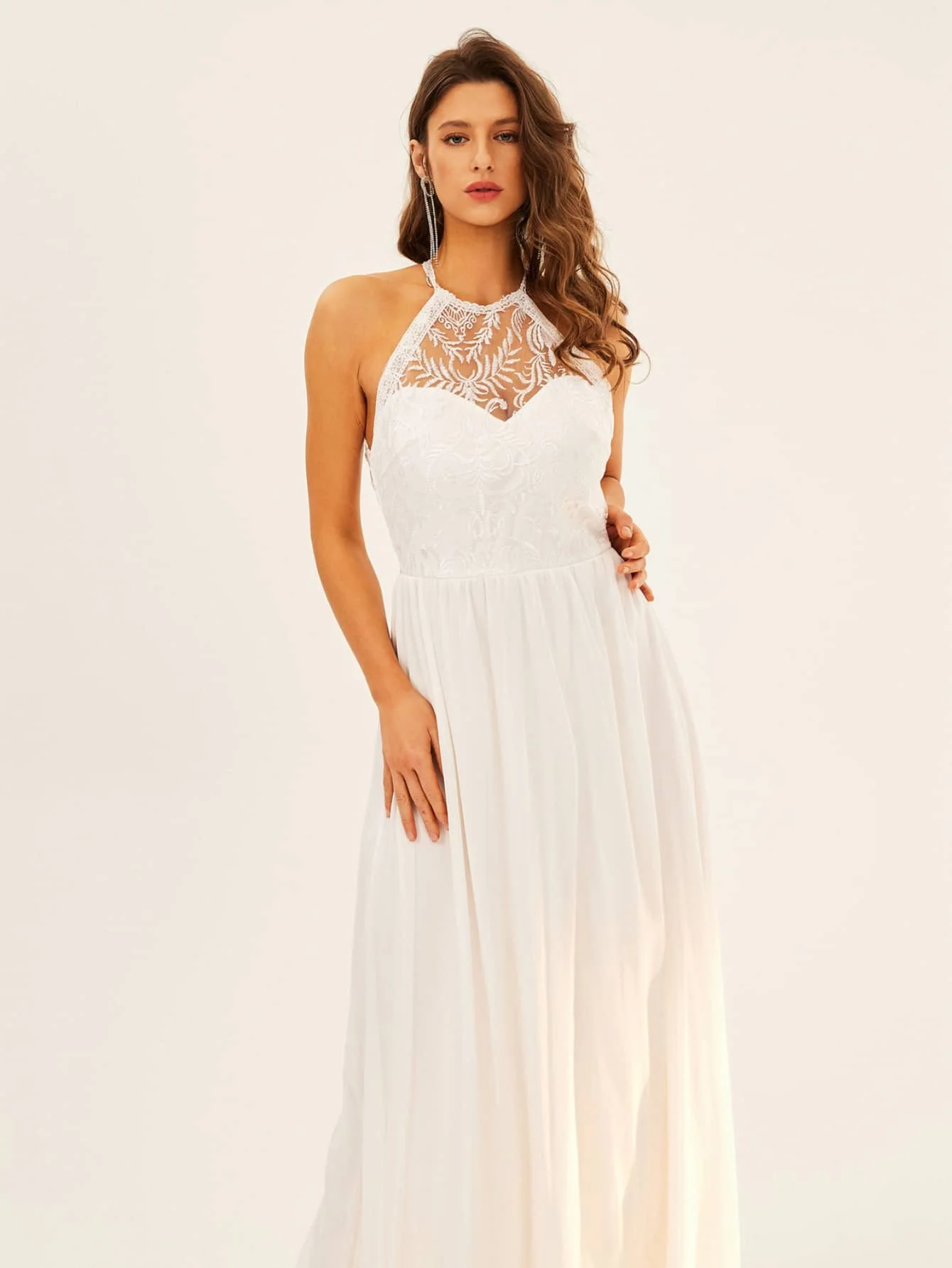 VITRCHP Elegant Straps White Mermaid Wedding Dress Women Lace Chiffon Backless O-Neck Sleeveless Formal Bridesmaid Party Dresses