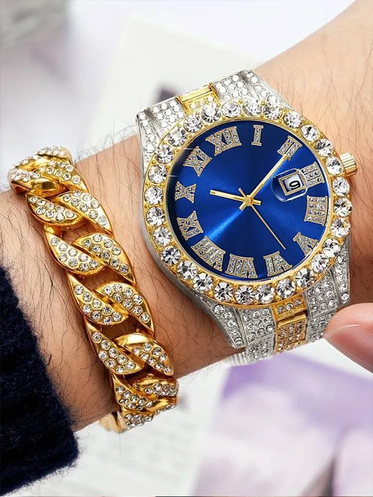 2PCs Fashion Luxury Full Diamond Steel Band Calendar Roman Scale Men's Steel Band Quartz Watch with Diamond Chain Bracelet Set