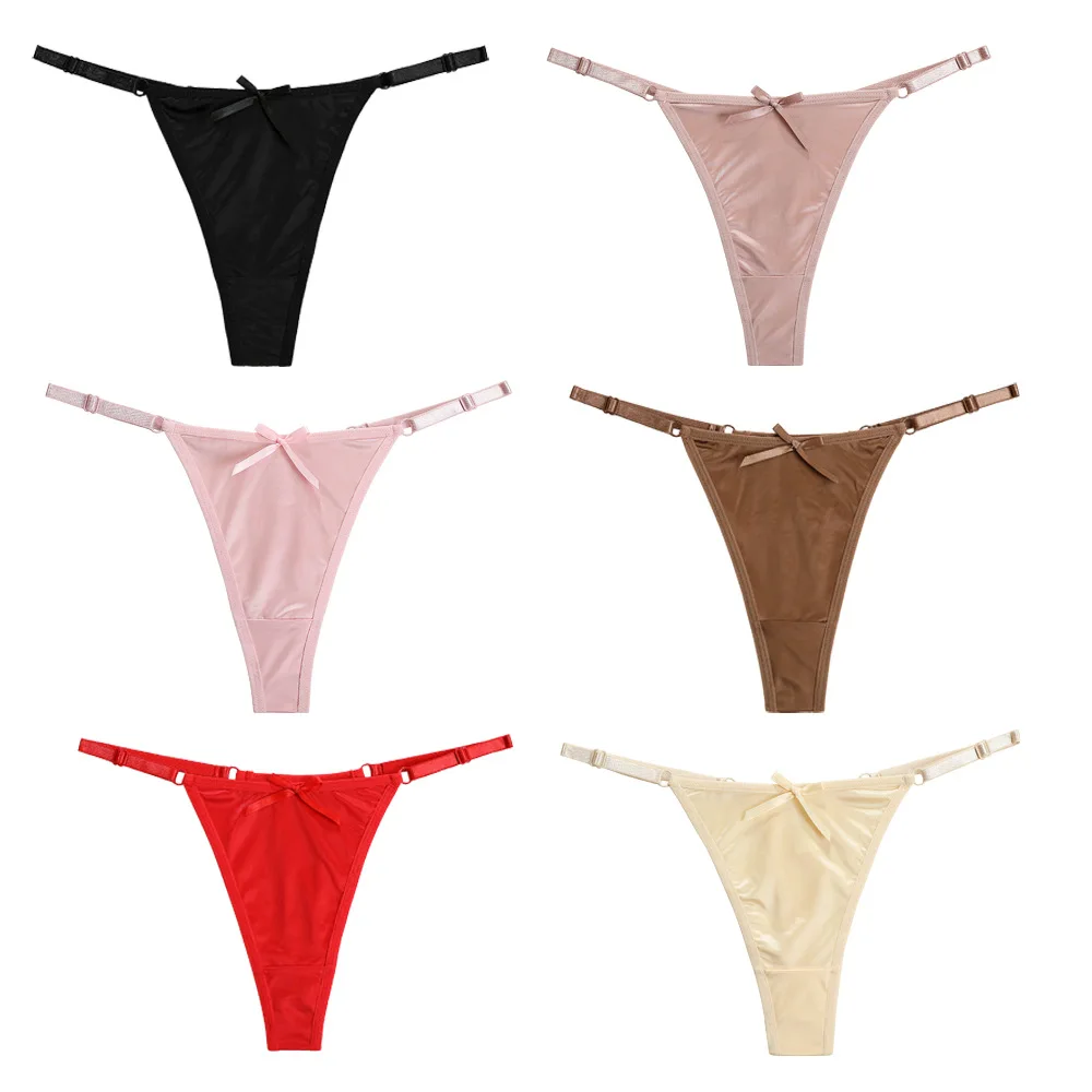 سراويل مثيرة للفتيات من الساتان قابلة للتعديل على شكل حرف G سراويل مريحة بفيونكة منخفضة الارتفاع ملابس داخلية بدون خياطة للنساء