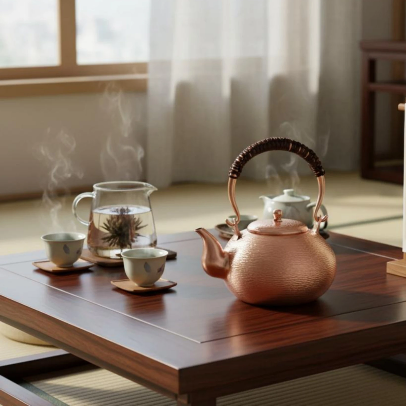 Copper Teapot Handmade Look Copper Kettle Hook Handle Teapot Hammered Surface Kitchenware Decorative Design for Tea Ceremony