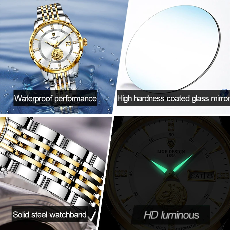 LIGE Women Watch Luxury Brand Fashion Ladies Watch Elegant Gold Steel Wristwatch Casual Female Clock Waterproof Montre Femme New