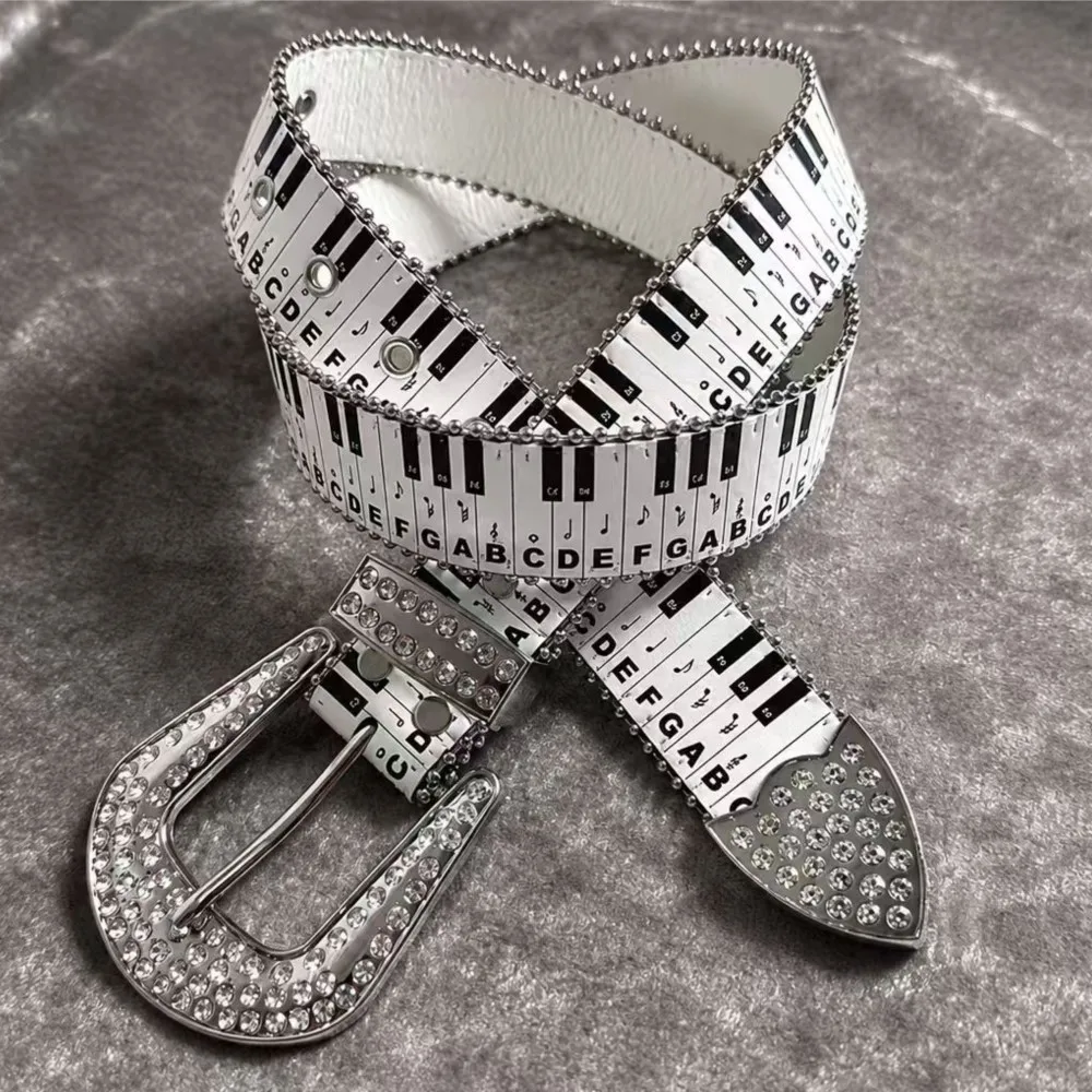 Piano Key Print Rhinestone Pin Buckle Pu Leather Belt Curved Rhinestone Wrapped Panel Clear Keyboard Pattern Transfer