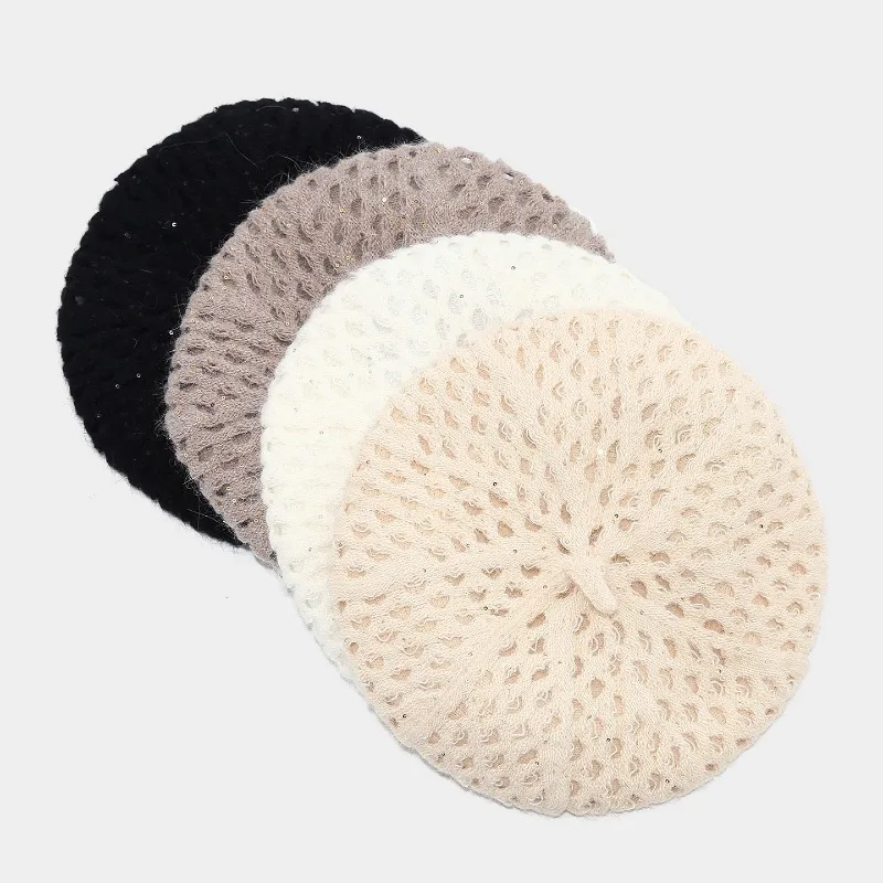Koreanische minimalistische, durchbrochene Strickmütze mit Pailletten, Kürbismütze für Damen, für Herbst und Winter, weiche, lässige Malermütze im literarischen Stil. – Detail 12