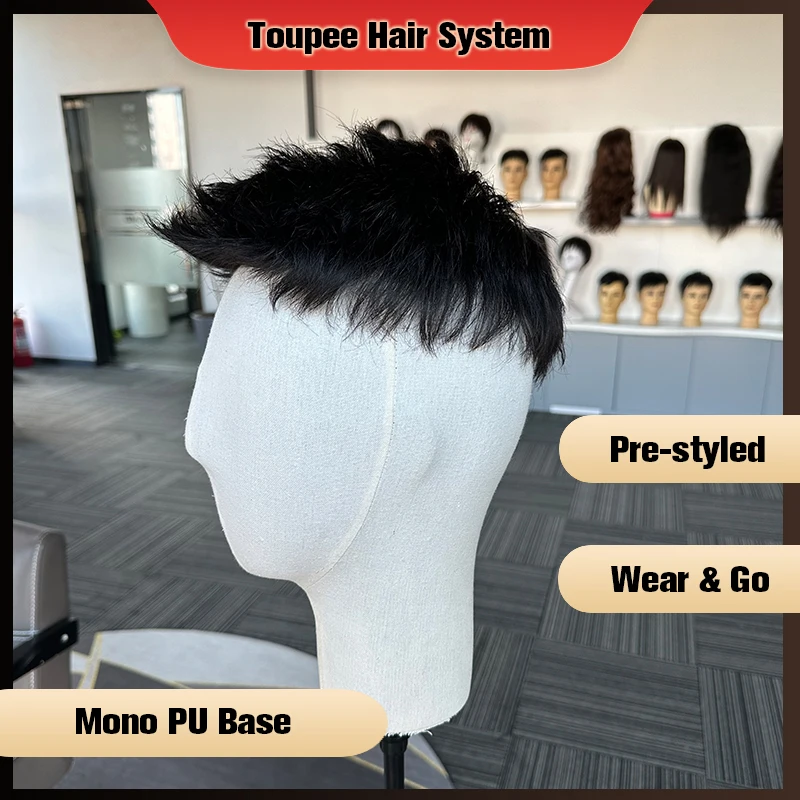 Human Hair System Pre-Cut Mono Base Toupee For Men Unit Ready To Wear PU Wigs For Men Durable Male Hair Prosthesis Men\'s Wigs