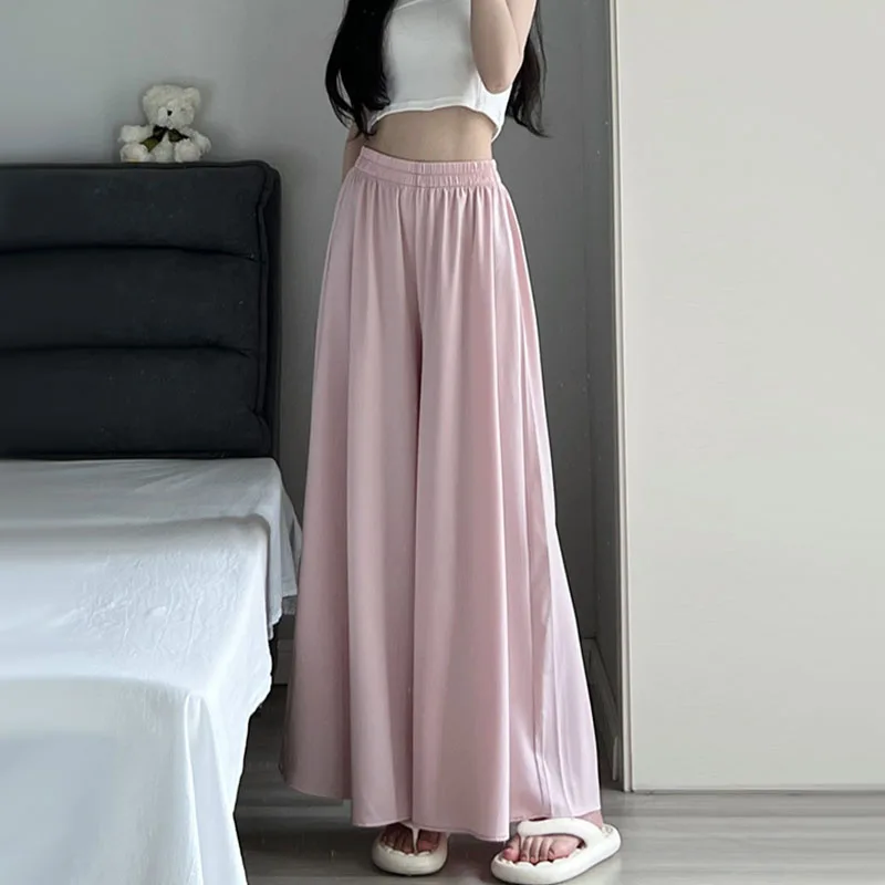 Women Loose Wide Leg Pants High Waist Baggy Dress Pants Solid Color 2023 Summer New Ice Silk Female Elegant Straight Trousers