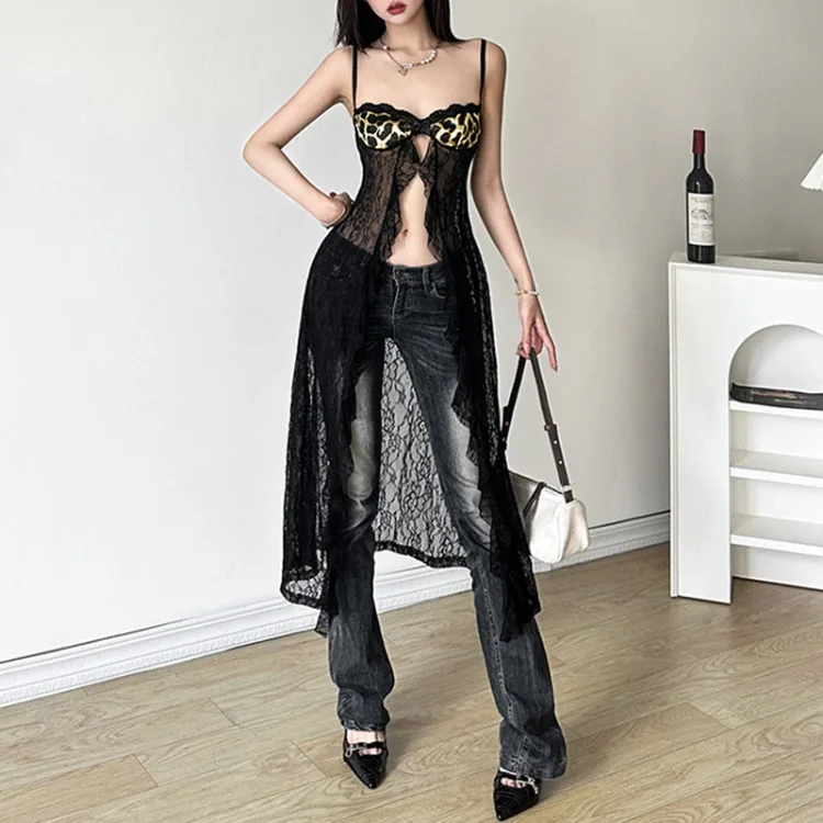 2024 New Lace See Through Camisole Tops Summer Leopard Hollow Out Tank Top Y2k E-Girl Mid-length Loose Black Vest for Women