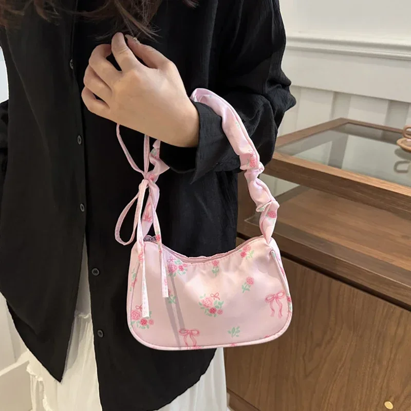 Women Underarm Bags Canvas Pleated Drawstring Purse Aesthetic Floral Bow Design Y2K Pretty Fashion Shoulder Handbags