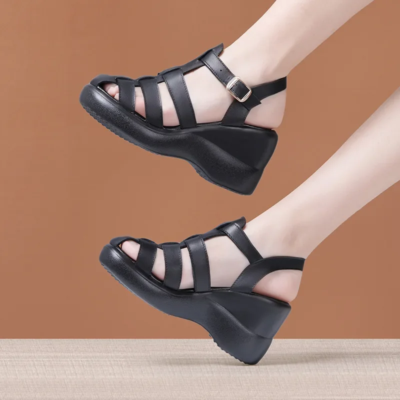 8cm small Big Size 32-43 Close Head Thick Bottom Platform Sandals Wedges Shoes 2025 Summer High Heels Gladiator Sandals Office