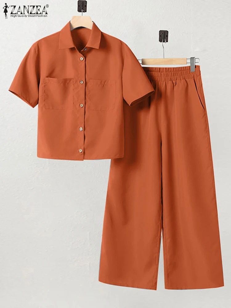 ZANZEA-chándal de 2 piezas para mujer, Conjunto de camiseta de manga corta y pantalón, informal, Elegante, sólido, OL