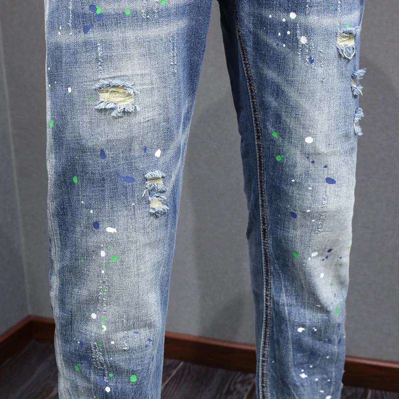 Street Fashion Men Jeans Retro Washed Blue Stretch Slim Fit Ripped Jeans Men Painted Designer Vintage Denim Pants Hombre
