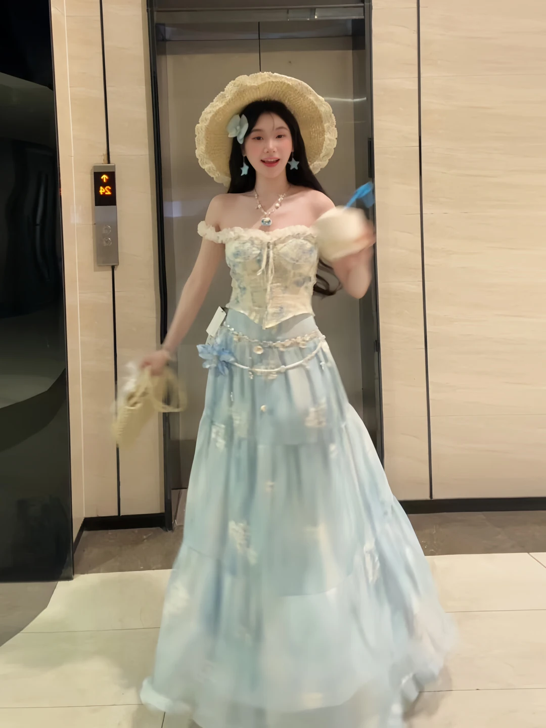 

Summer Lace Off-Shoulder Top And High-Waisted Skirt Two-Piece Set Sweet Style Floral Print Casual Wear for Women