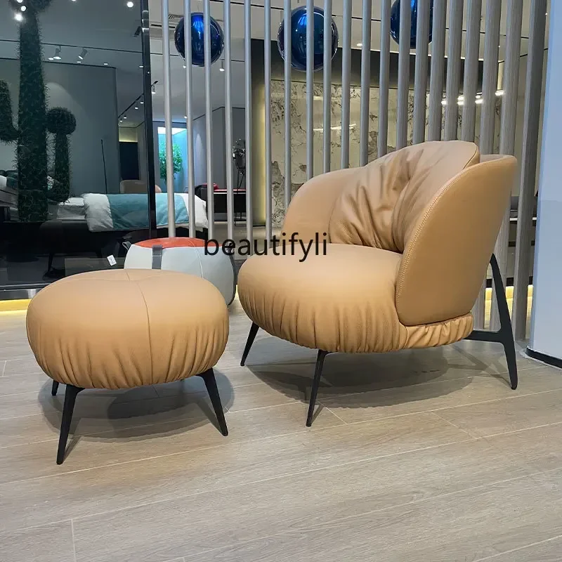 LXCouch Genuine Leather Lazy Bone Chair Single Leisure Chair Reception Chair First Layer Cowhide Stainless Steel Simple ModernSS