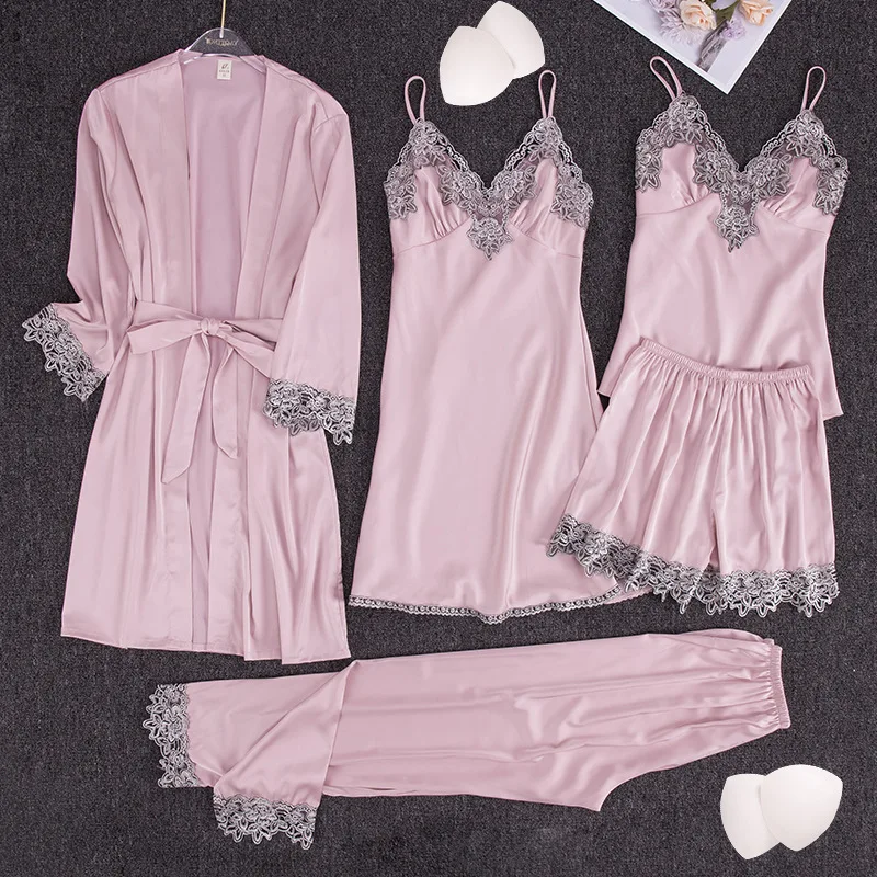 

Spring Summer Loose Satin Home Wear Sexy Lace Trim Wedding Robe Lounge Wear Female Pajamas Five Piece Set Nightgown Sleepwear