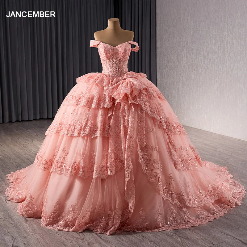 

Pink Ball Gown Women Quinceanera Dresses Scoop Tulle Off Shoulder Prom Birthday Party Gowns Formal vestidos de 15 quinceañera