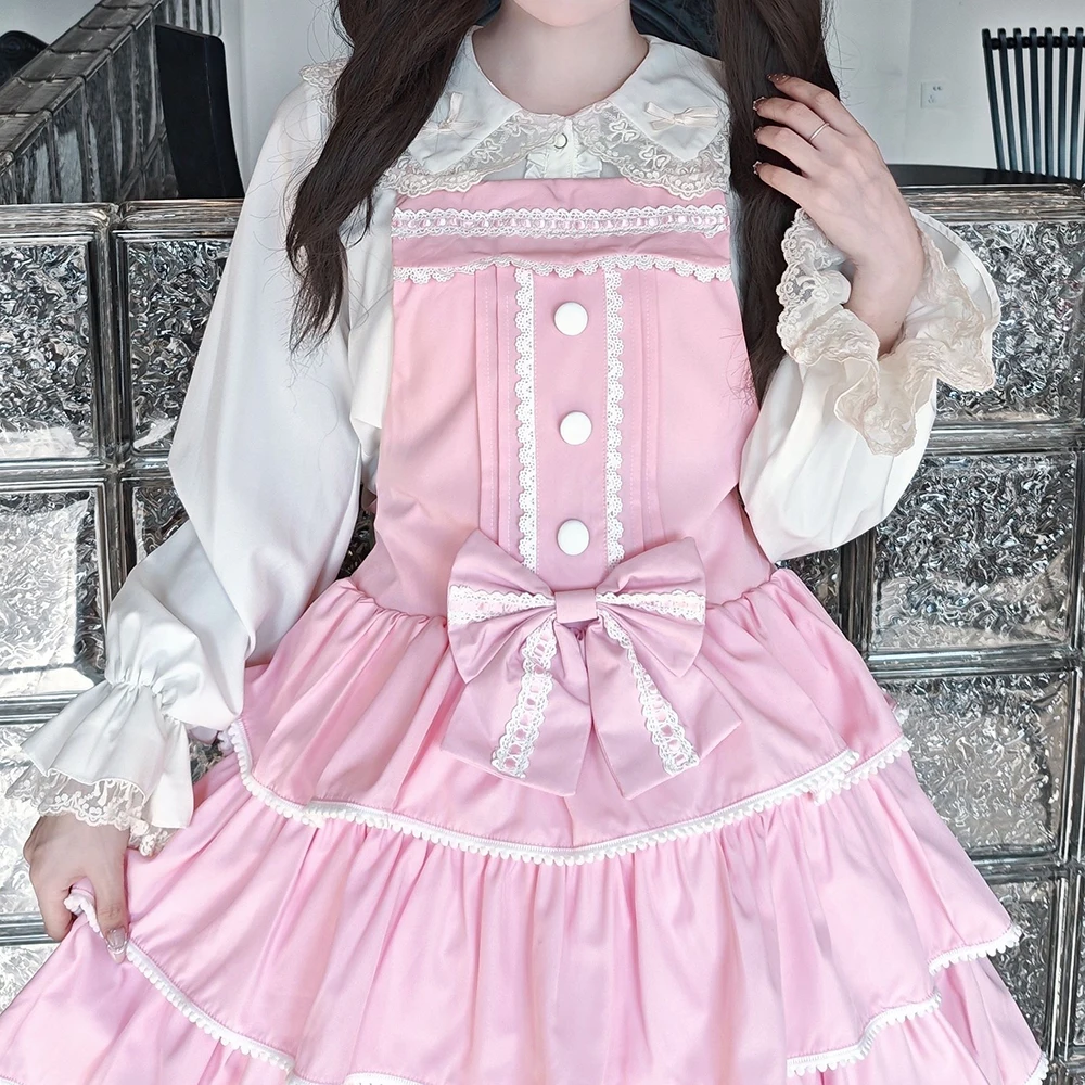 Lolita original doce e fofa saia diária de três camadas com alça bodycon vestido regular ajuste solto fino