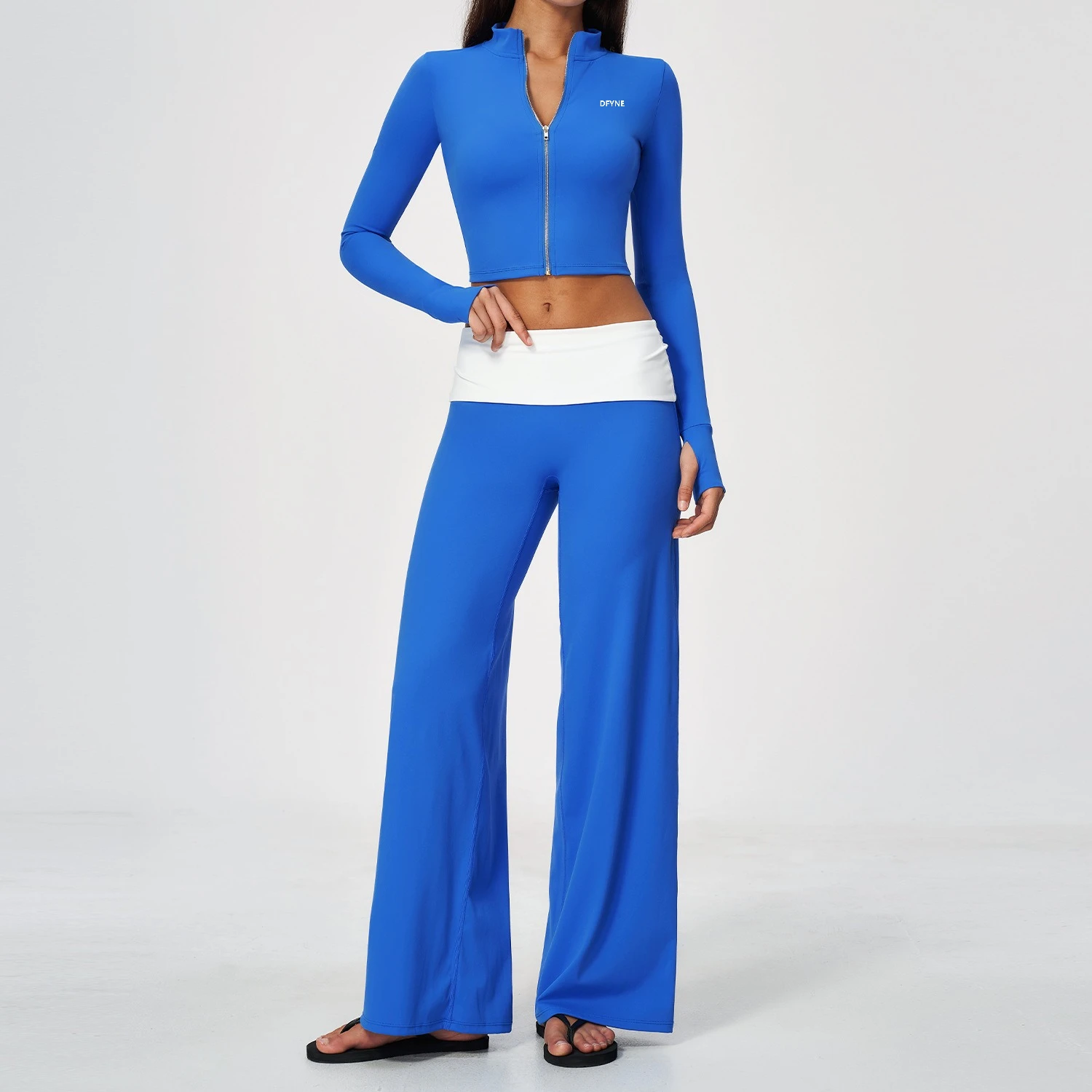 DFYNE Women Yoga Set Blue Zip Up Crop Jacket Wide Leg Pants High Waist Fitness Activewear Gym Workout Sportswear Lounge Outfit