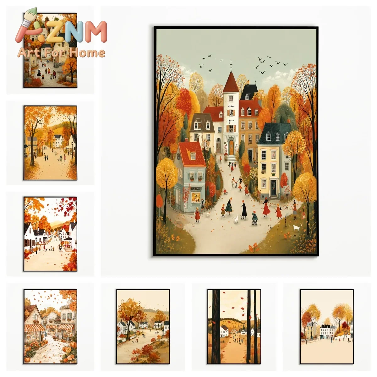 1PC Autumn Pumpkin Town Falling Leaf Scenery Poster Thanksgiving Village Street Wall Art  Canvas Printing  Fall Gift Room Decor