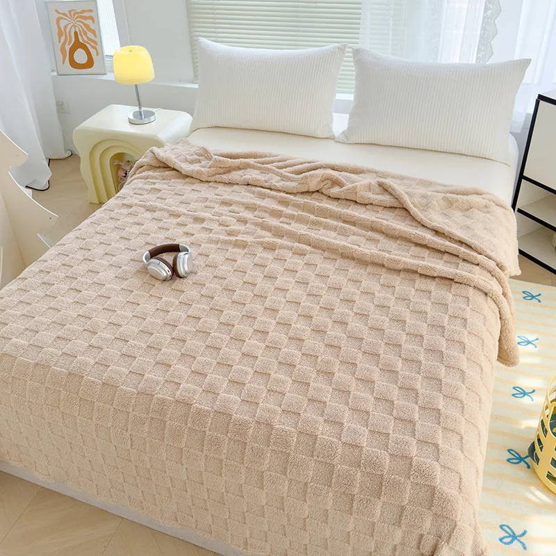 New Taff Fleece Solid Color Checkerboard Jacquard Multi‑Purpose Throw Blanket, Nap Blanket for Office