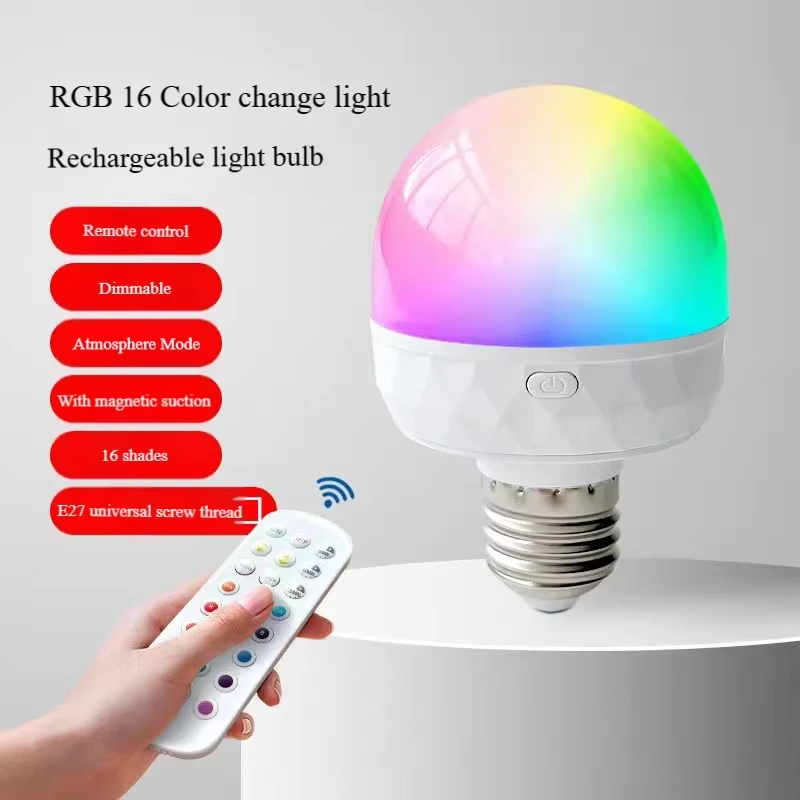 

Rechargeable LED Smart Bulb E27 USB Control Color Temperature 15 Brightness Levels RGB Timer Function with Remote