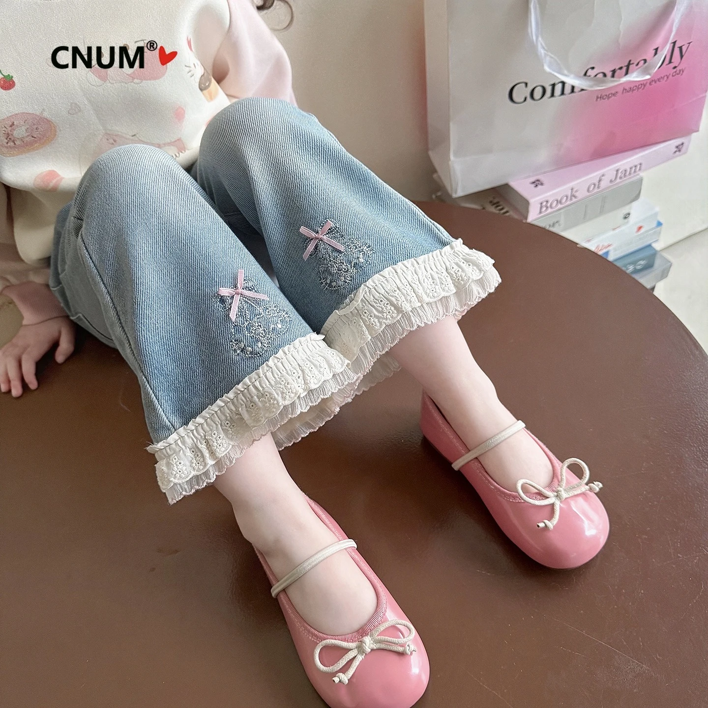 CNUM Baby Girls' New Autumn Lace-up Denim Jeans Trendy Cartoon Embroidered Straight-leg Casual Long Pants for Babies Trousers