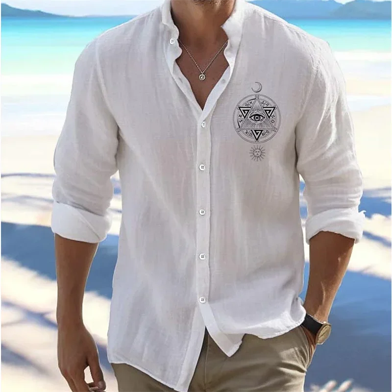 Men's Linen Soft, Comfortable, Simple Shirt Flip-over Beach Shirt Long Sleeves Pure Color Hawaiian Pink Pattern New Collection