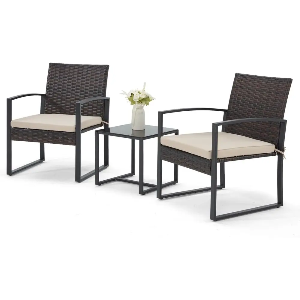 3-Piece Patio urniture Set, Wicker Bistro Set, Brown | 2 Straight Arm chairs with Glass Coee Table, Patio Contion Set or Backyar
