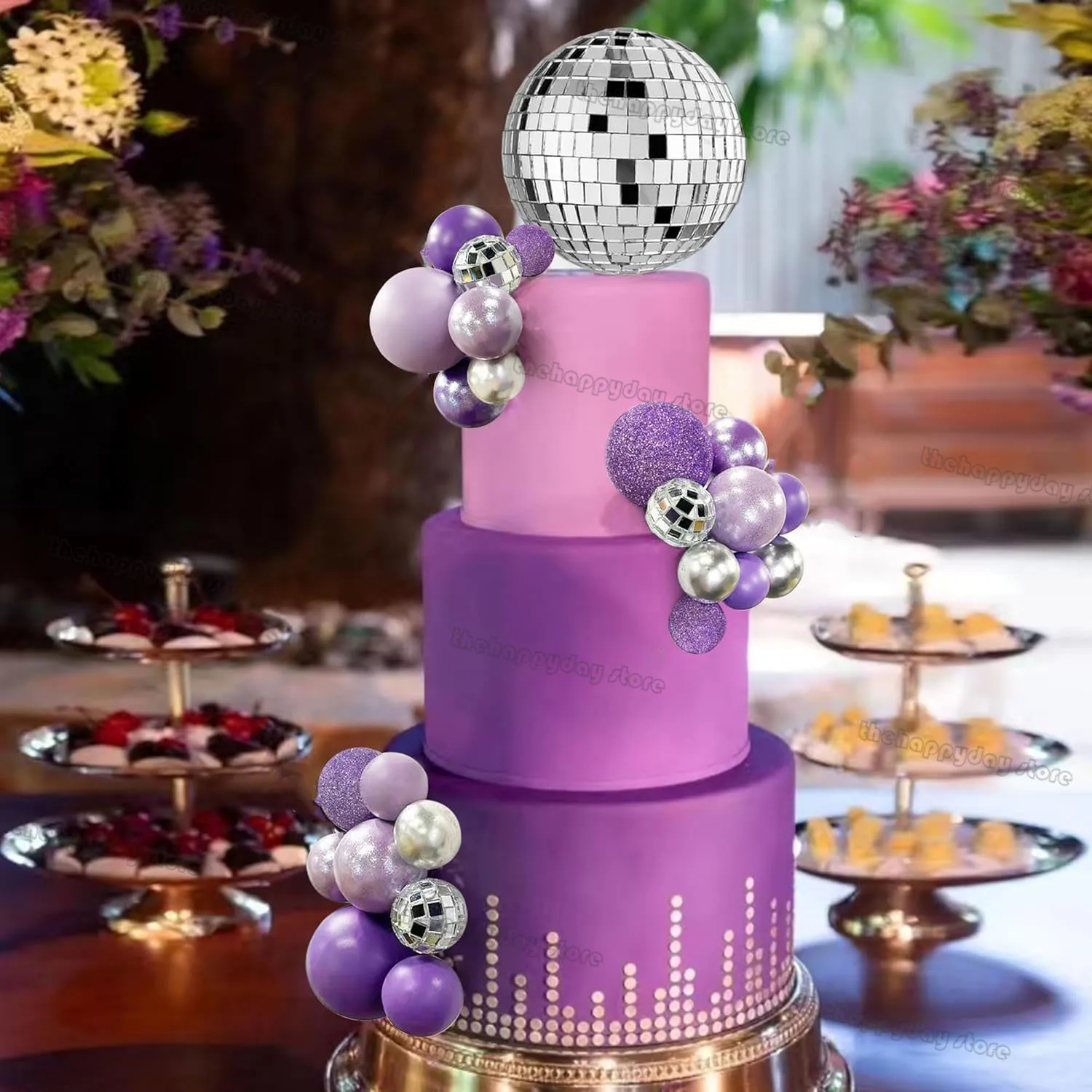 31 قطعة كرات ديسكو الأرجواني كعكة الزينة اللؤلؤ بريق كرات الفضة كعكة القبعات العالية لحفل زفاف عيد ميلاد الطفل دش كب كيك ديكور #3