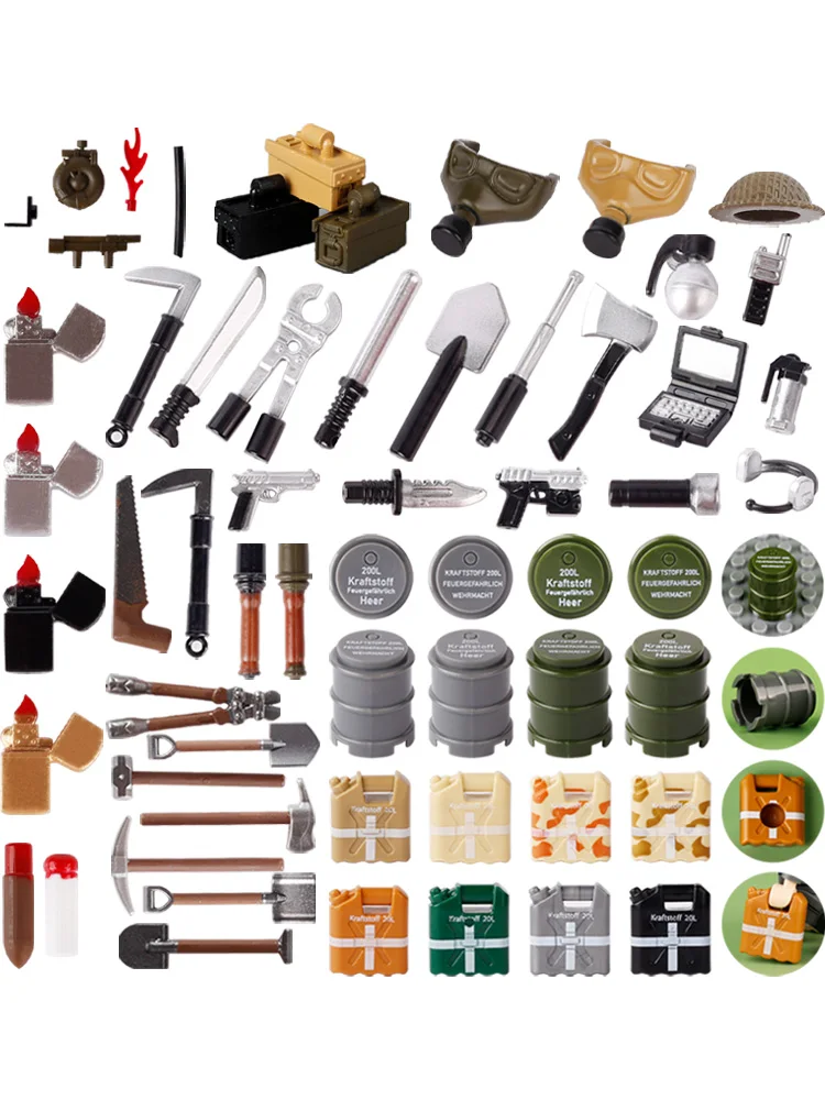 Figurines de soldats à tambour d'huile militaire WW2, blocs de construction plus légers 3D, bouclier SWAT, arme de faucille d'agriculteur, accessoires de bricolage, briques, jouet pour enfant