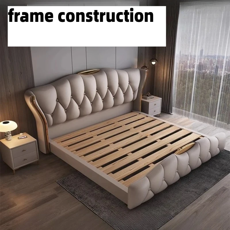 200x220cm Modern Double Bed Luxury Master Bedroom King Size Frames Bed 2 People Twin Composite Leather Wooden Bedroom Furniture