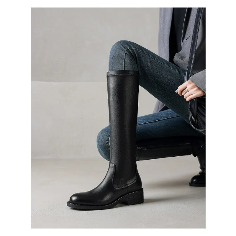 Women's boots 2024 winter new thick mid-heel round head thin but knee fashion senior British style knight boots winter shoes