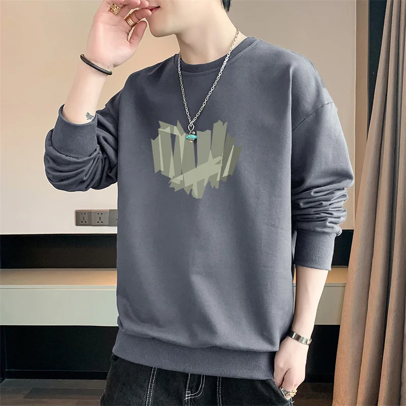 New Spring Autumn Men\'s Round Neck Hoodies Fashion Trendy Printed Geometric Solid Color Long Sleeve Pullover Casual Bottom Tops