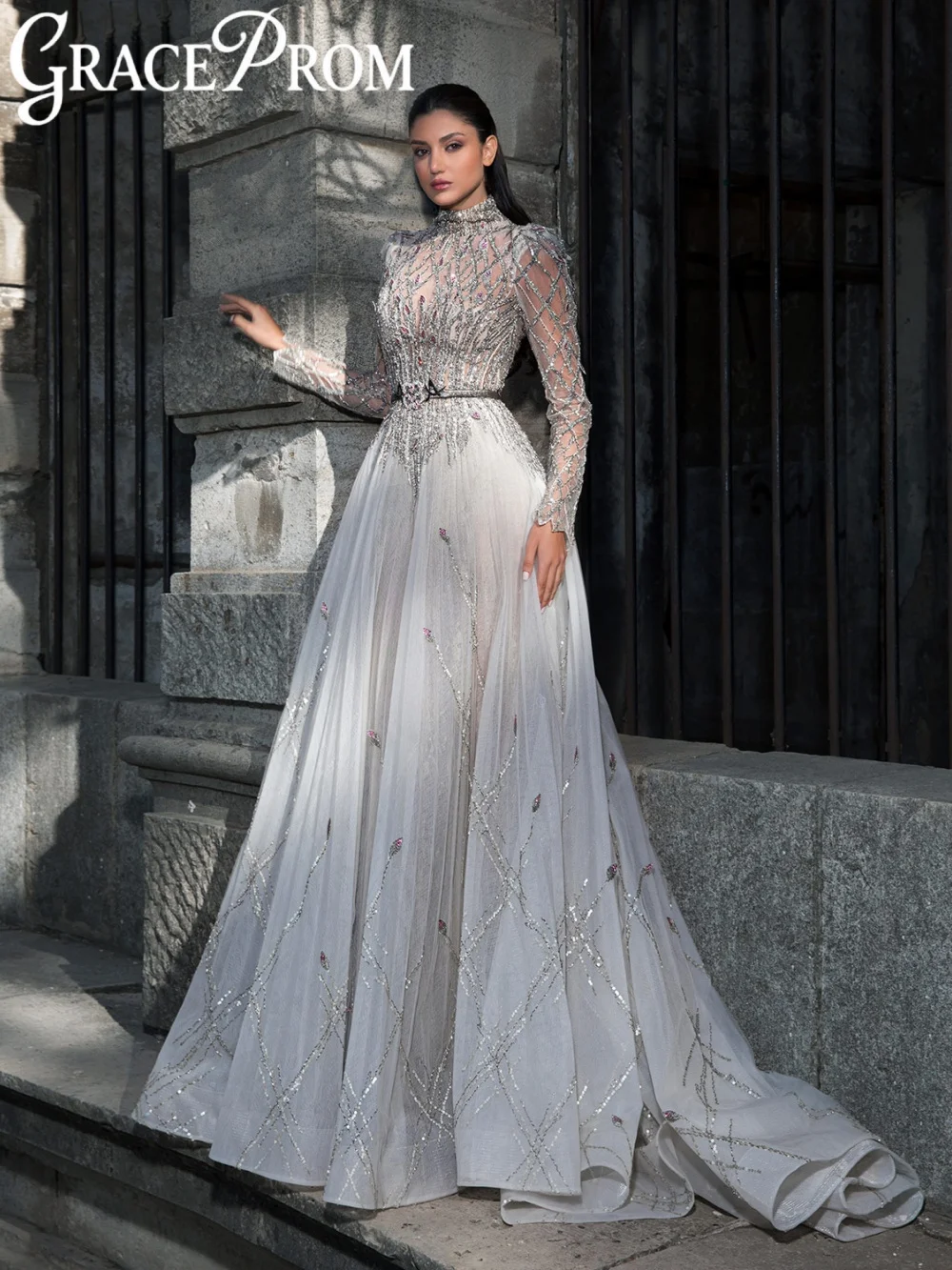 

New Arrival Dazzling Beaded Evening Dress Formal High Collar Long Sleeve Wedding Party Gown Customized Chic A-line Prom Dresses