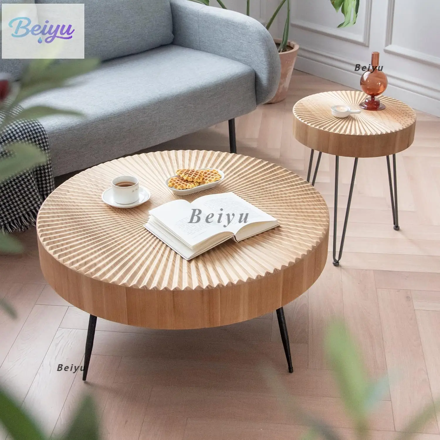 

Two-piece modern farmhouse living room coffee table set, round nested table, natural veneer radial pattern