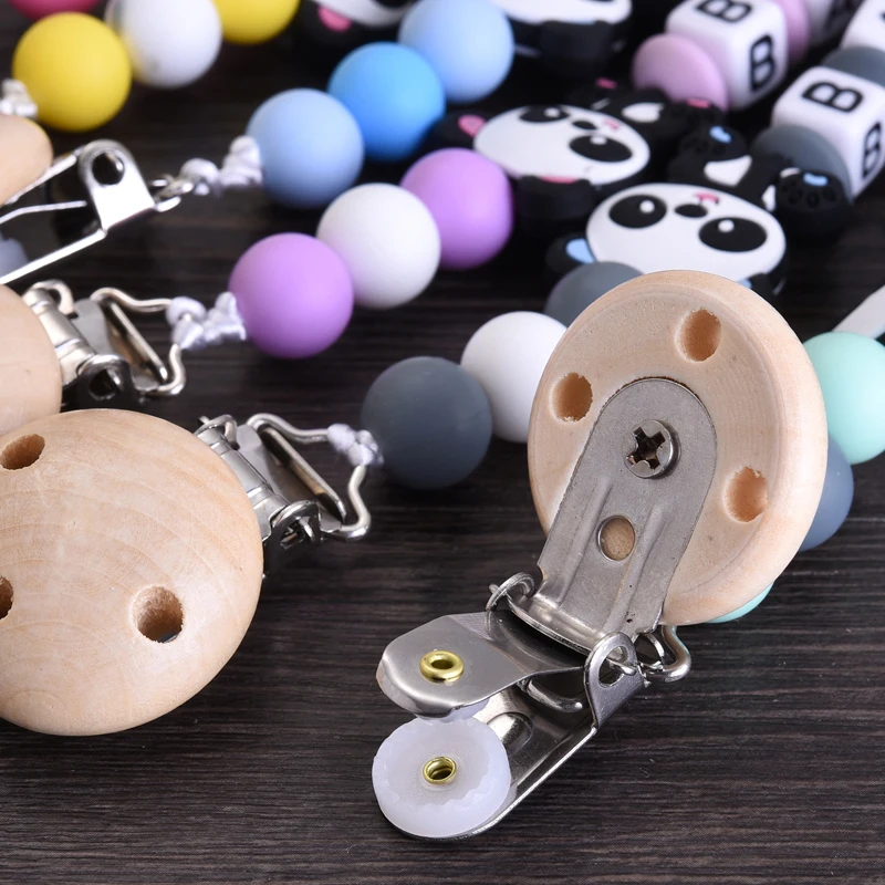 Penjepit Empeng Bayi Silikon Buatan Tangan Rantai Gigitan Aman dari Kayu Rantai Empeng Teether